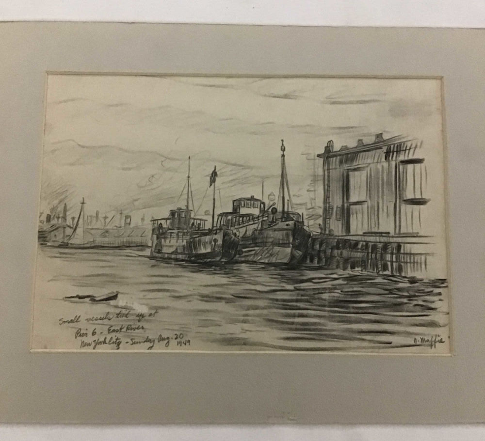 Lot 207: MAFFEI Drawing of Small Vessels Tied up to Pier 6