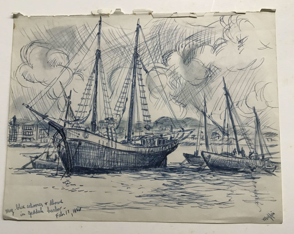 Lot 264: Maffei Blue Sketch Schooner in GEDDAH Harbor