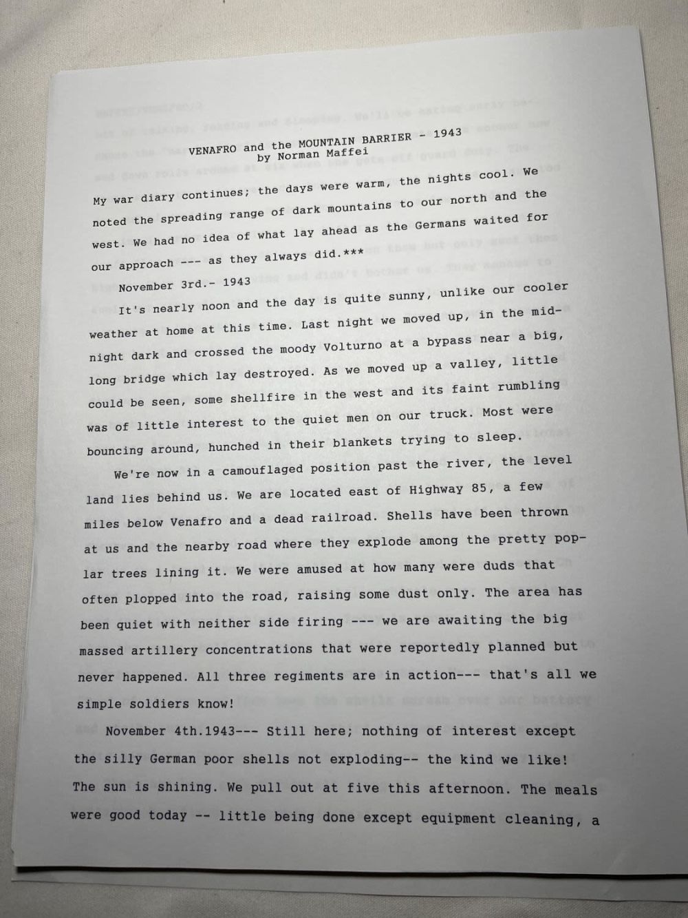 Lot 306: Norman Maffei Typed Diary Passage