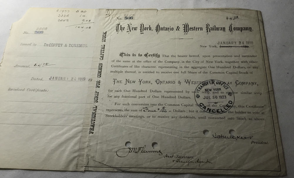 Lot 220: New York, Ontario & Western Railway Co. Stocks
