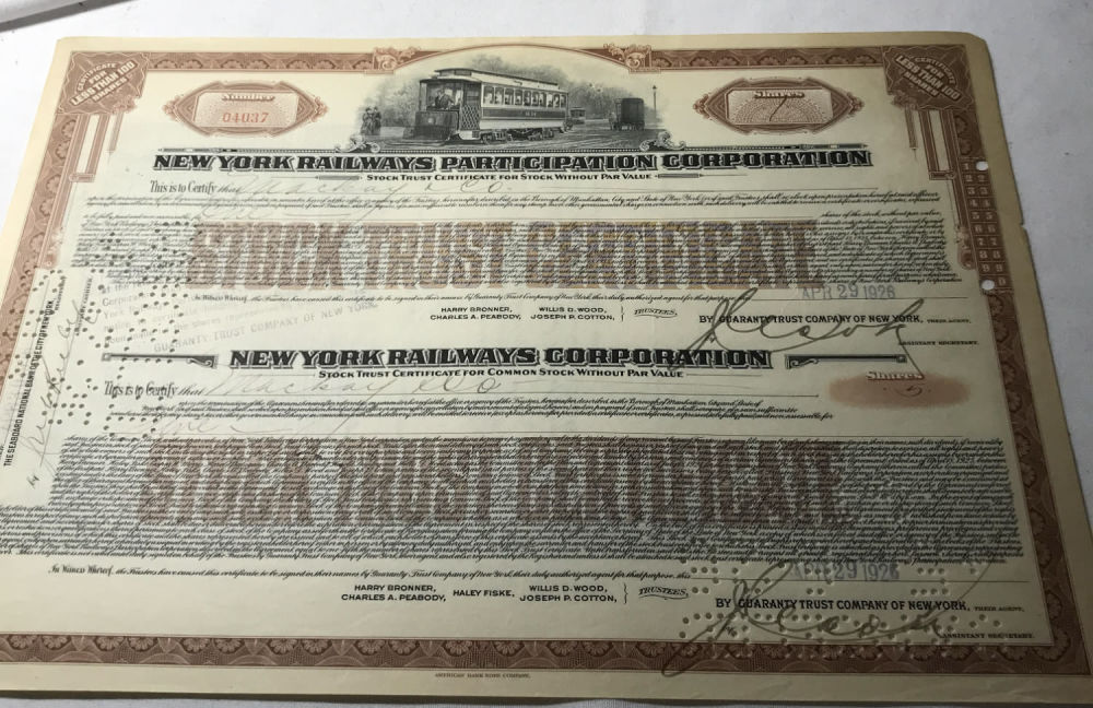 Lot 221: New York railways Stock Certificate