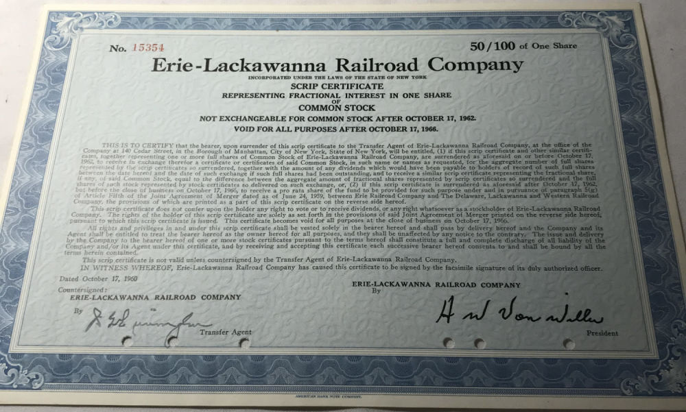 Lot 223: Erie Lackawanna RR Stock Certificate