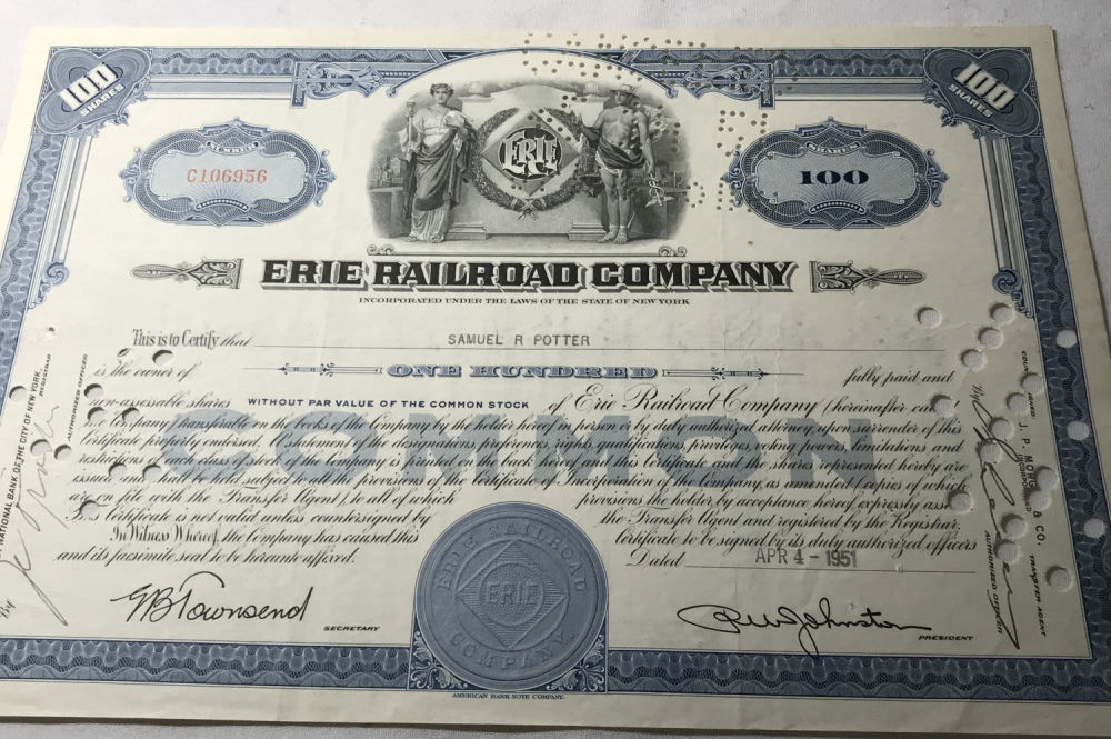 Lot 224: Erie Railroad Co. Stock Certificate