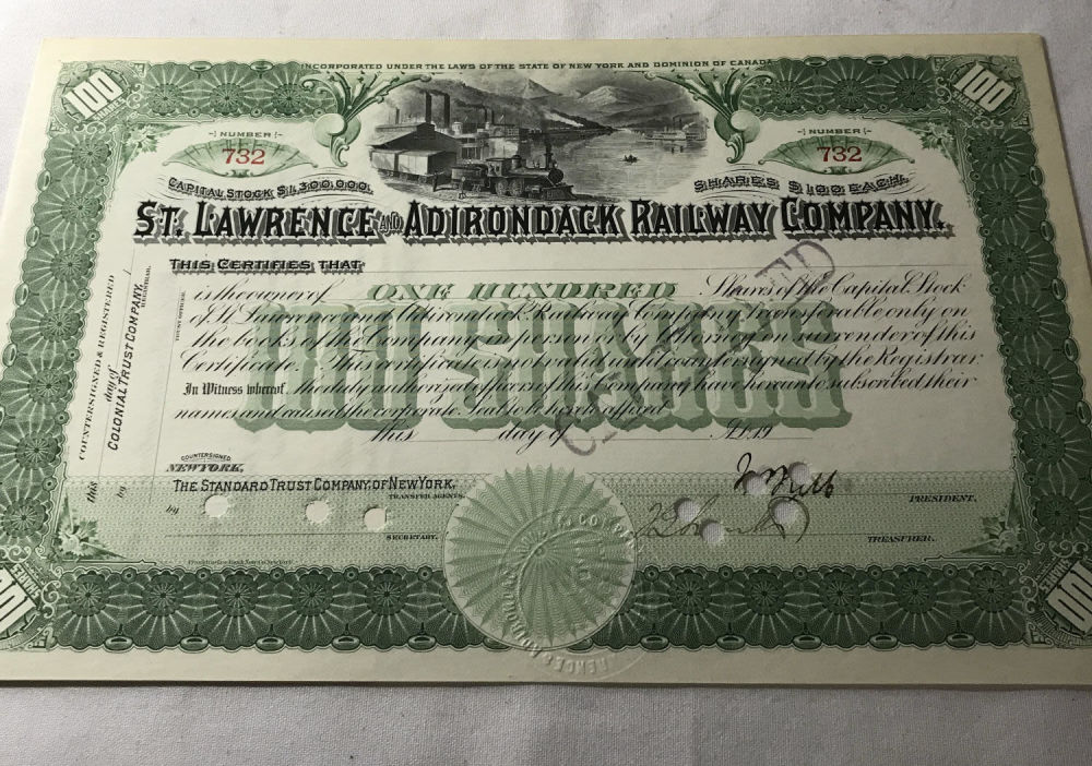 Lot 249: Saint Lawrence & Adirondak Railway Co Stock Cert.
