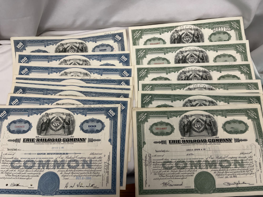 Lot 255: Erie Railroad Stock Certificate Collection