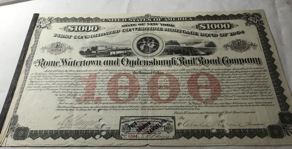 Lot 256: Convertible Mortgage Bond for Rome, Watertown and