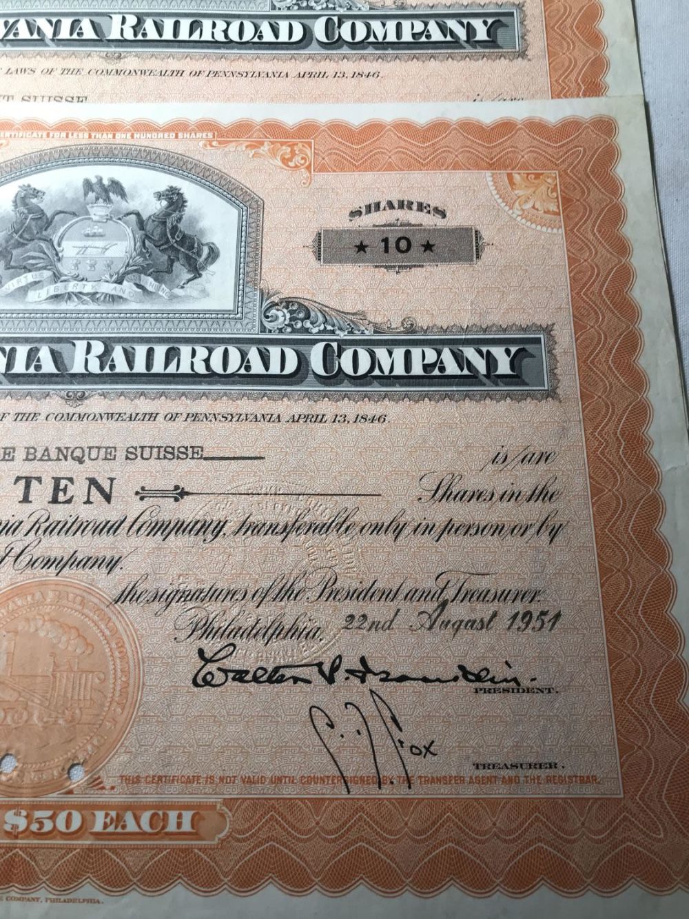 Lot 259: Pennsylvania RR Stock Certificates (3)