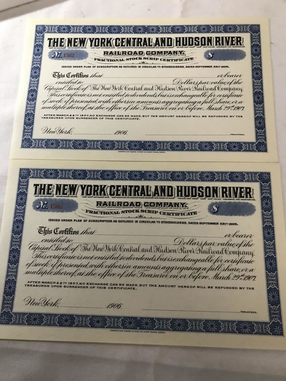 Lot 262: New York Central & Hudson River Stocks (2)