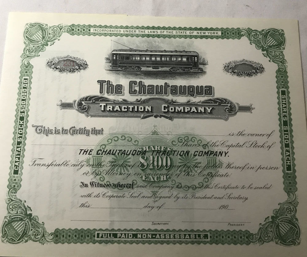 Lot 268: Chautauqua Traction Company Stock Certificate