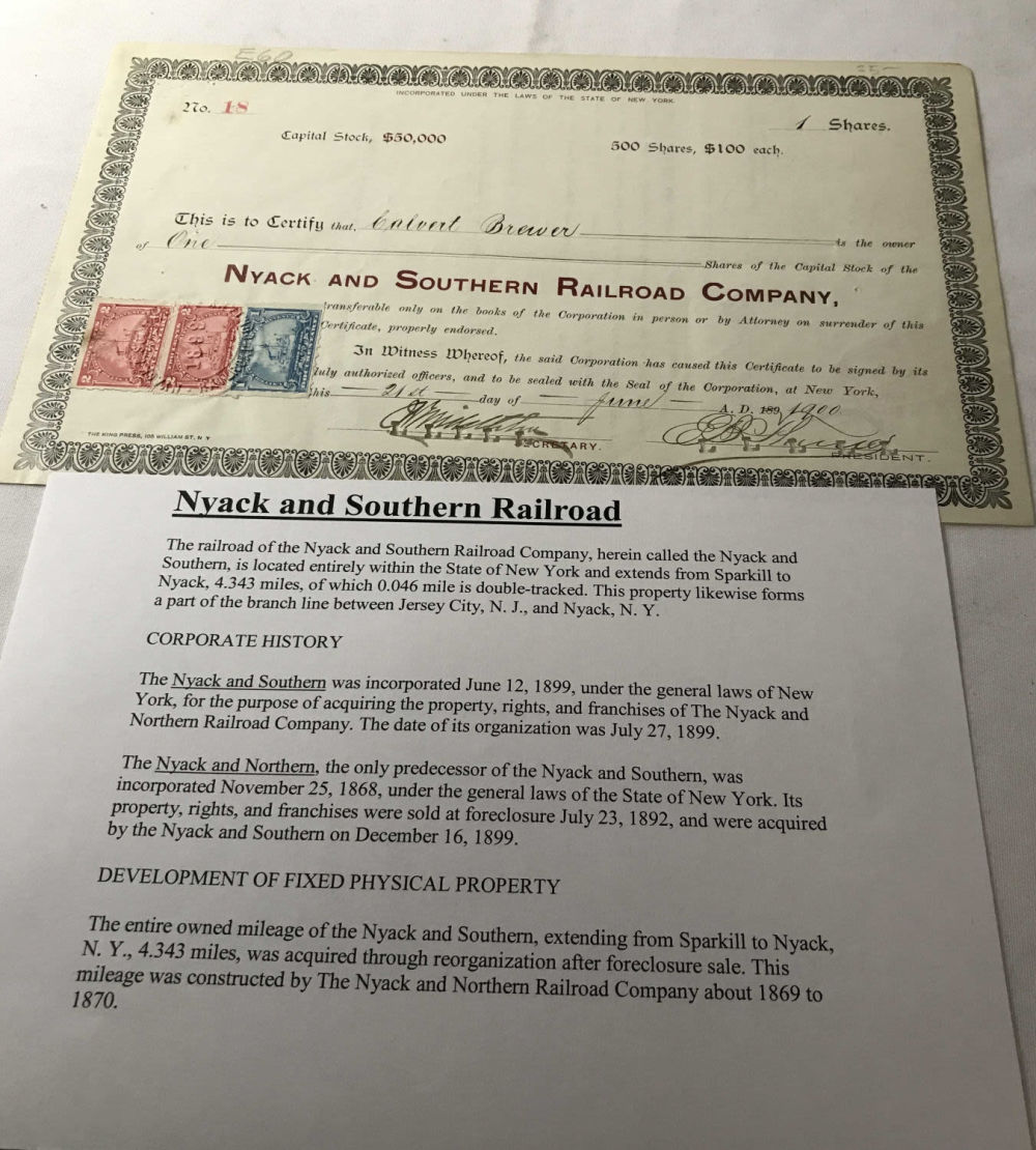 Lot 269: Nyack & Southern RR Stock Certificate