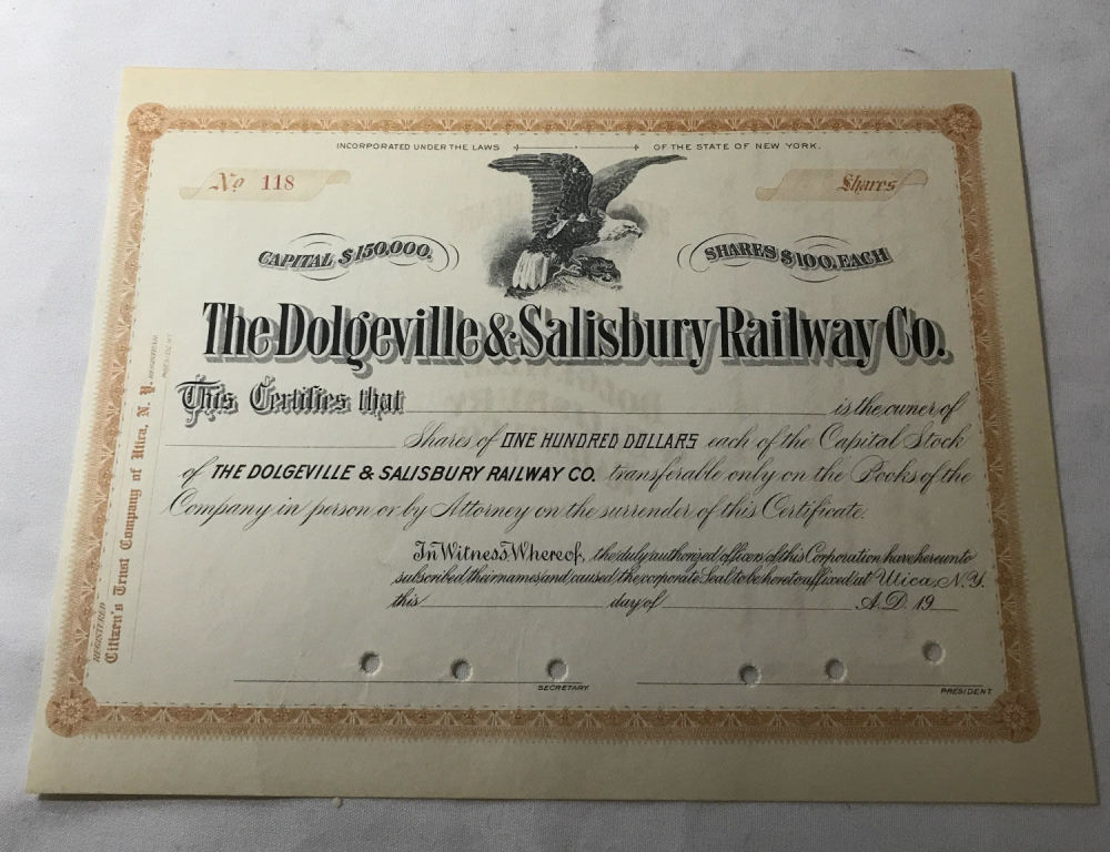 Lot 272: DOLGEVILLE and Salisbury Railway Co. Stock