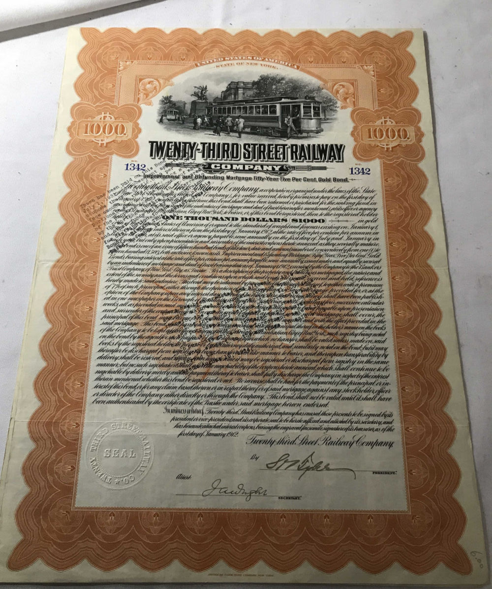Lot 274: Twenty-Third Street Railway Co. Stock