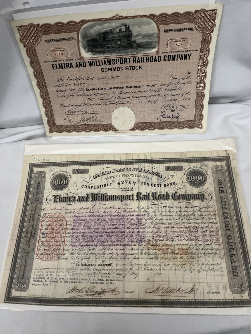 Lot 276: Elmira & Williamsport Railroad Stocks