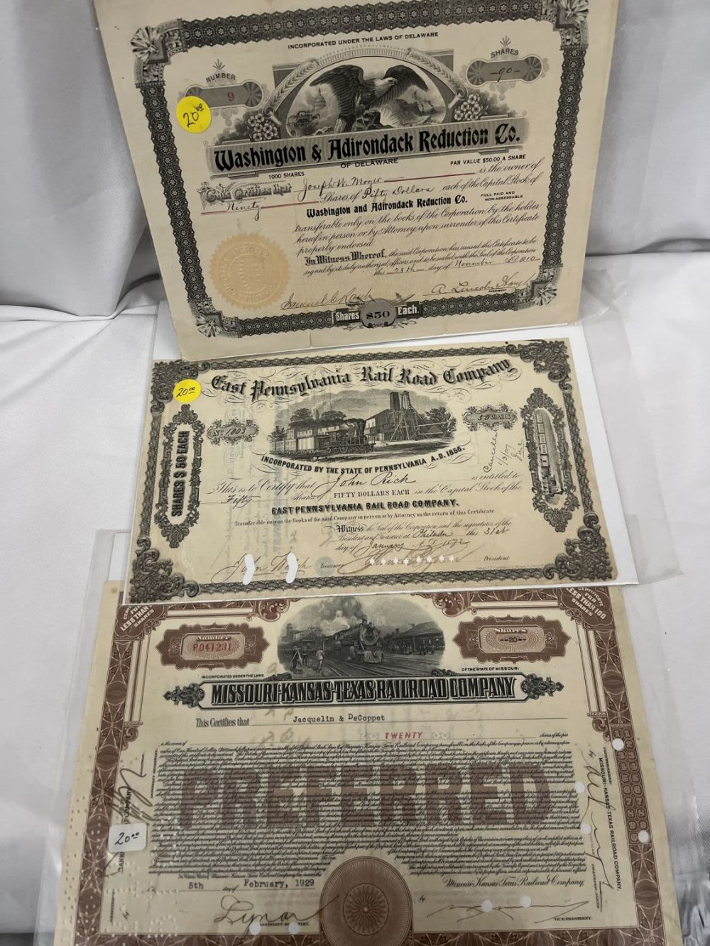 Lot 278: Early Railroad Stock Certificates (3$