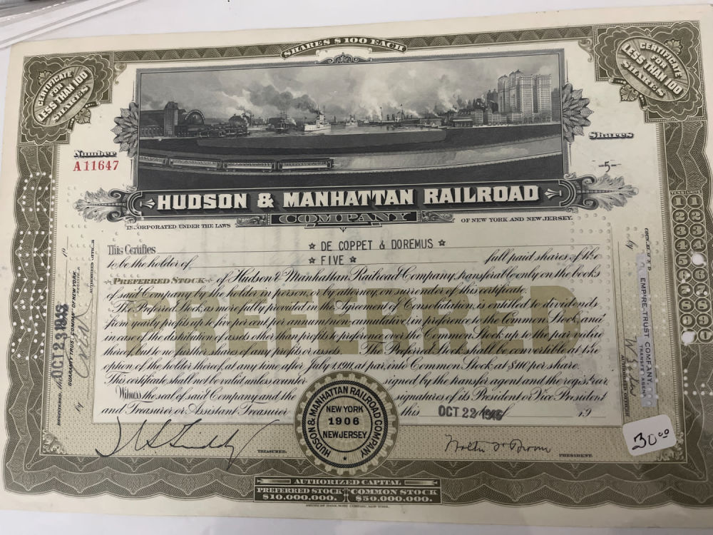 Lot 320: Hudson & Manhattan Railroad Co Stock