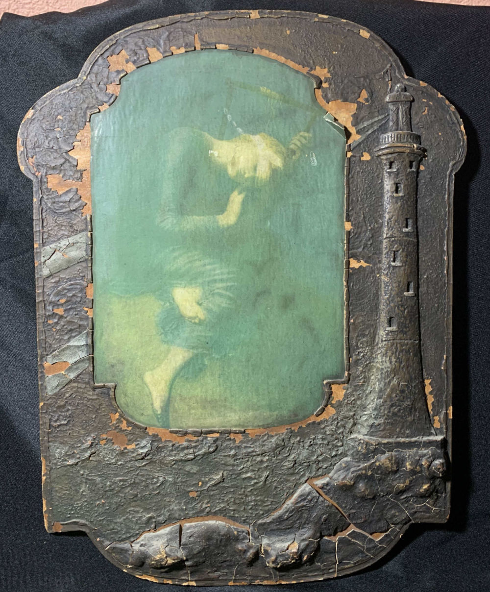 Lot 151: Vintage Painting Lady w/ Harp by Fireside