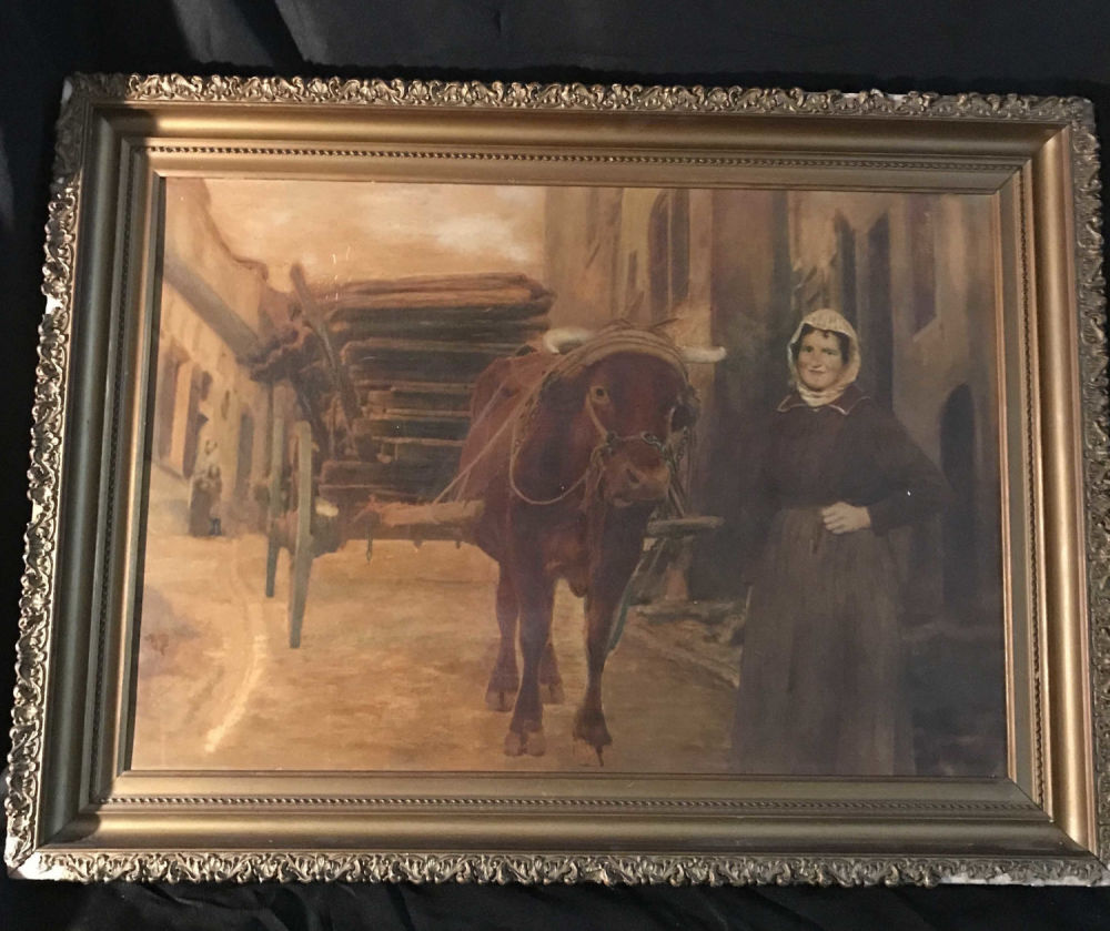Lot 158: Vintage Print on Board Of Women with OX Cart
