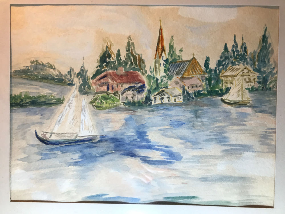 Lot 169: Seaside Village with Boats Watercolor