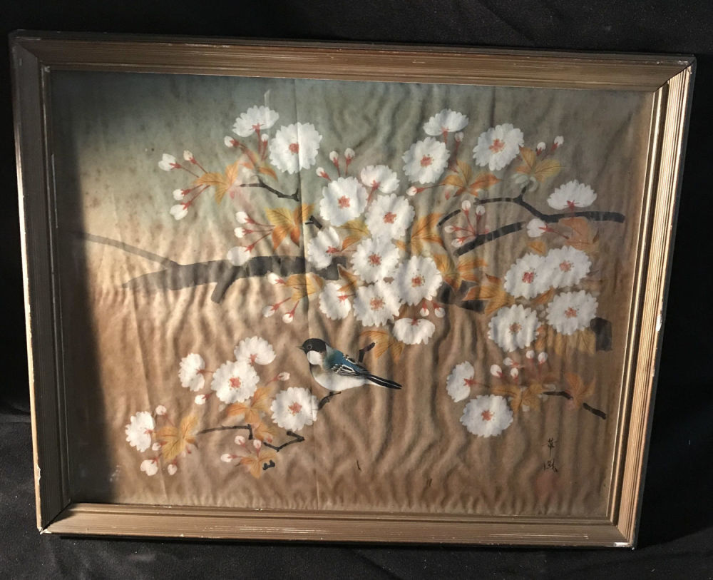 Lot 170: Bird and Flowers Oil on Cloth Oriental Art