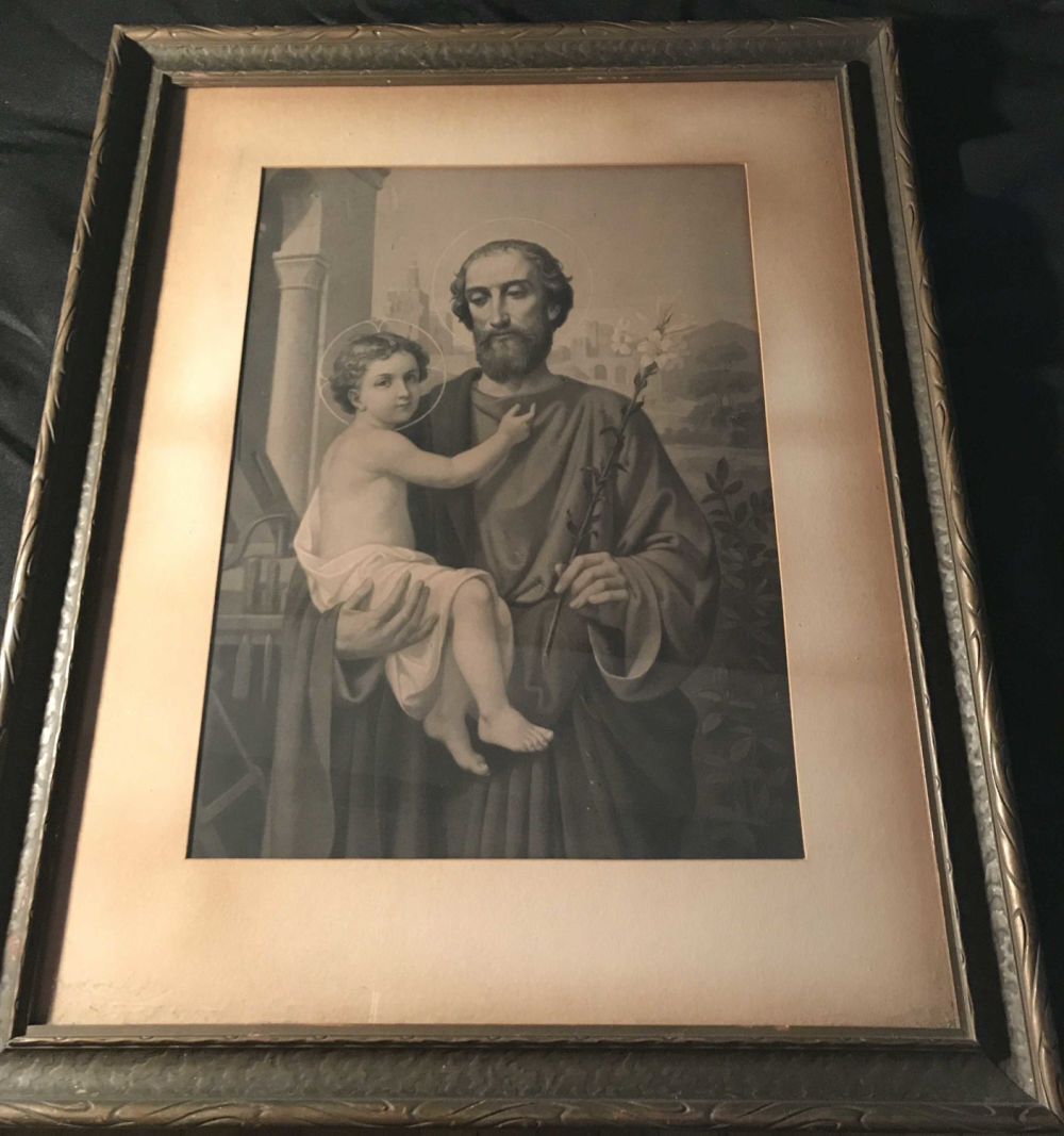 Lot 236: Early Litho of Joseph with Jesus in Wooden Frame