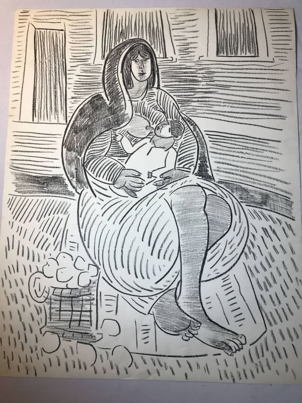 Lot 247: Achi Sullo Charcoal Sketch of Mother Feeding