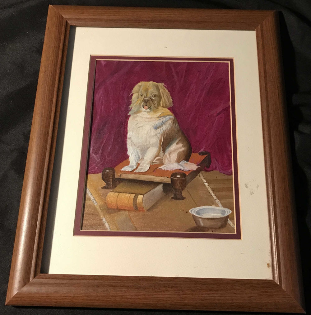Lot 264: Doggy On canvas, wood frame and glass