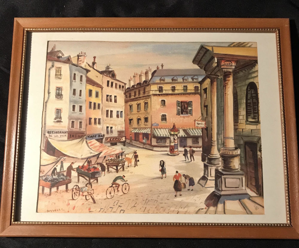 Lot 273: Street scene by Buzzelli, Wood frame with glass