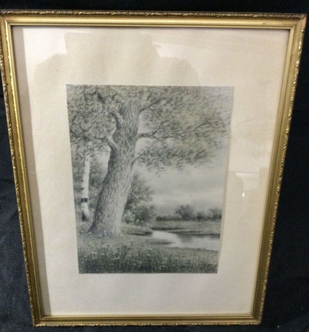 Lot 291: Black & White Drawing of Tree Near Stream