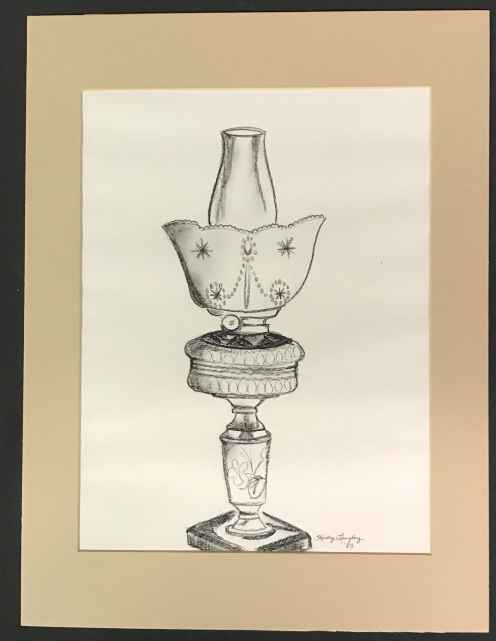 Lot 203: Kathy Langley Signed ANTIQUE OIL LAMP Charcoal