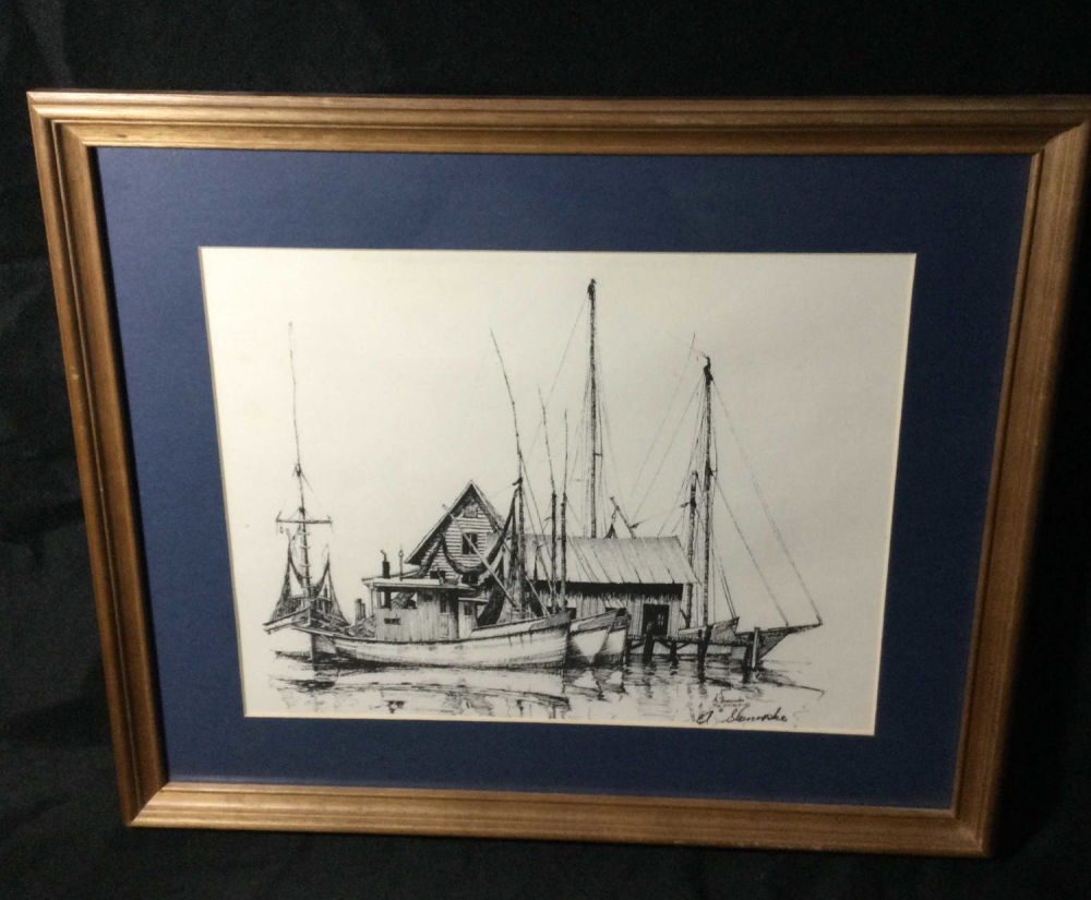 Lot 163: Black & White Print of Fishing Boats Tied Up at