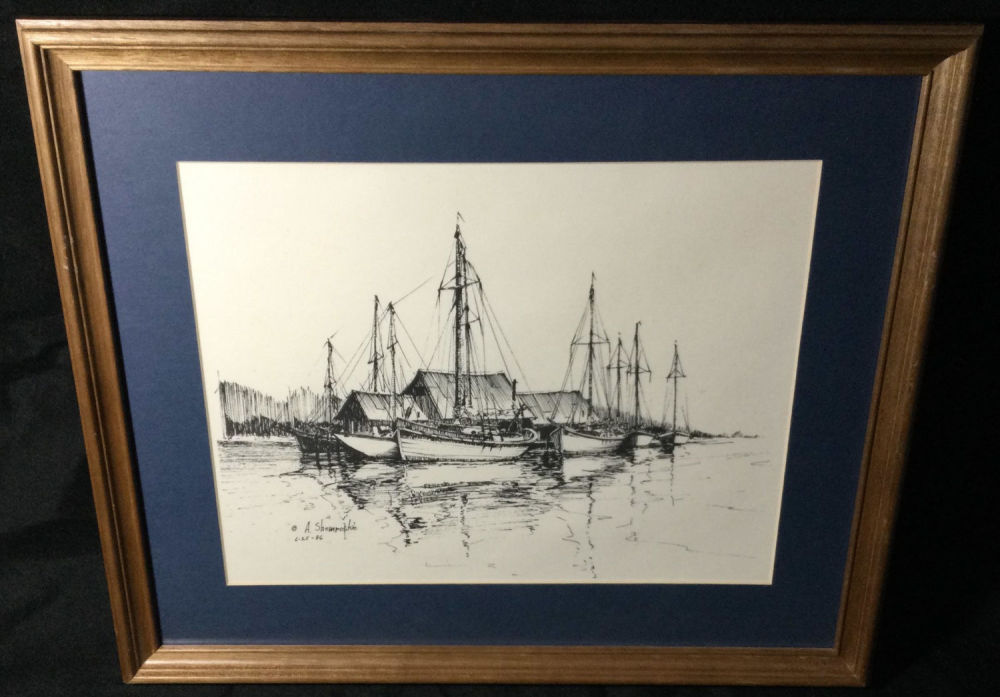 Lot 164: Black & White Print of Boats at Dockside Signed