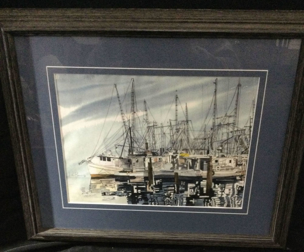 Lot 174: Signed Lithograph of Boats Docked in the Harbor