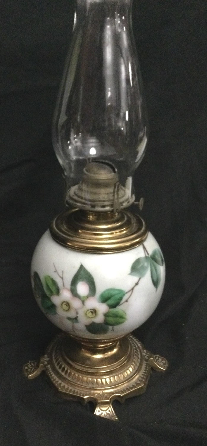 Lot 184: Vintage Hand Painted Brass and Glass Oil Lamp
