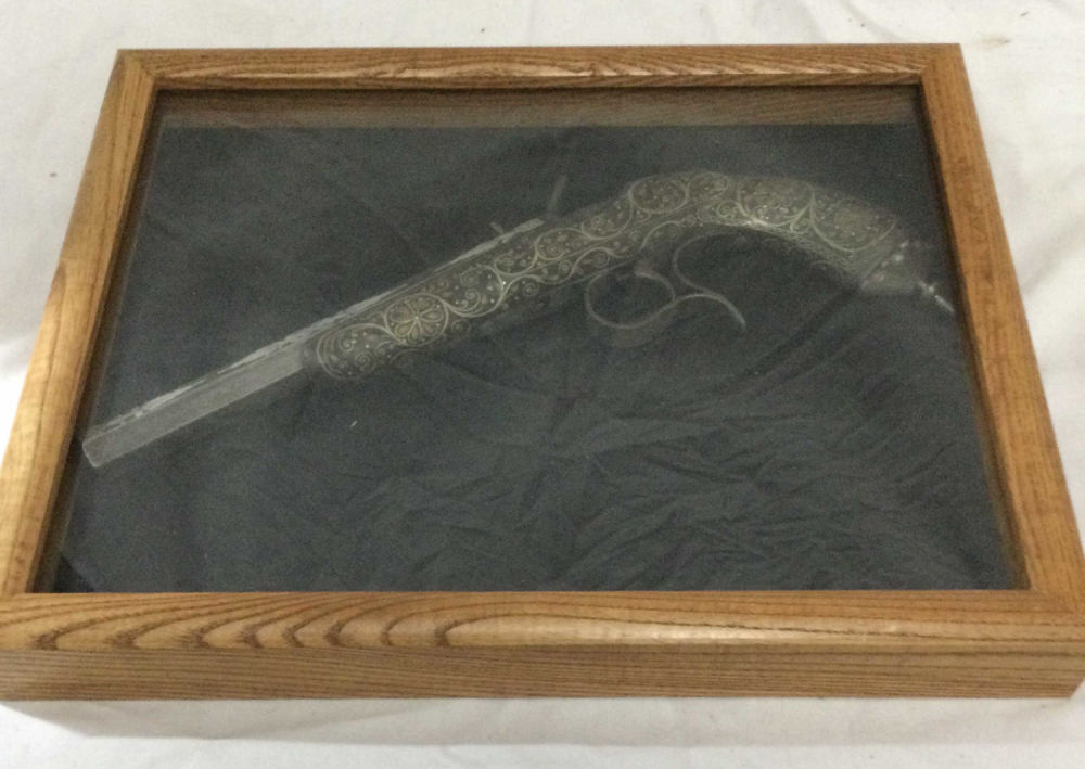 Lot 209: Replica Pistol from 1800s Inside Wood Display