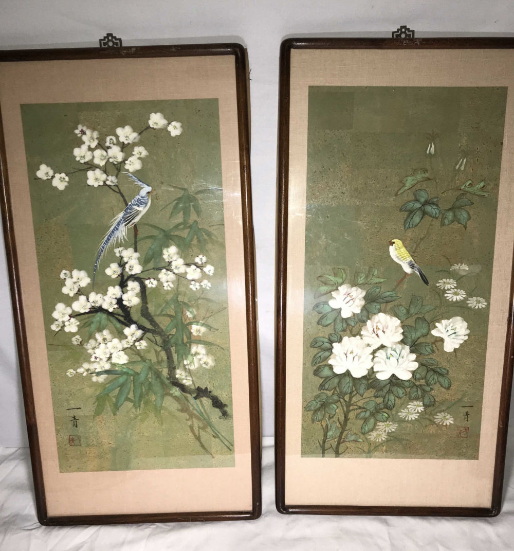 Lot 228: Pair of Asian Floral & Bird Theme Art