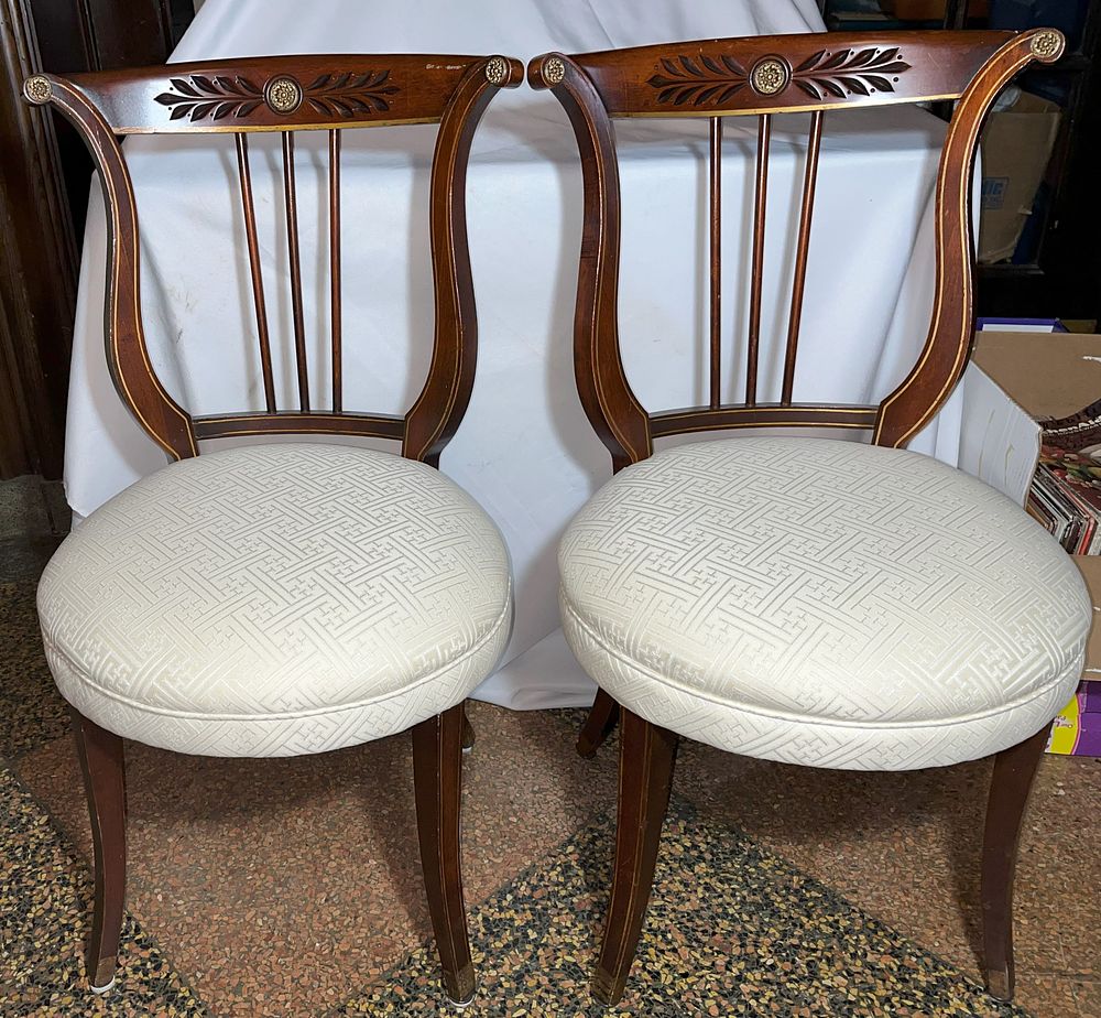 Lot 248: Inlaid Wood Back w/ Cream Seat Chairs