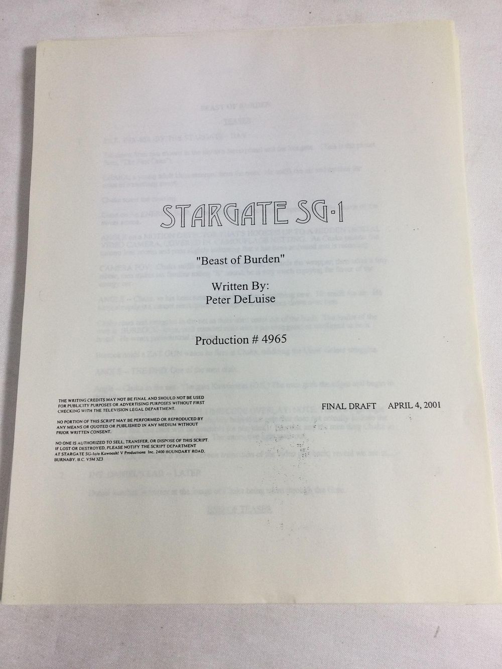 Lot 139b: Stargate SG1 Scripts Beast of Burden &