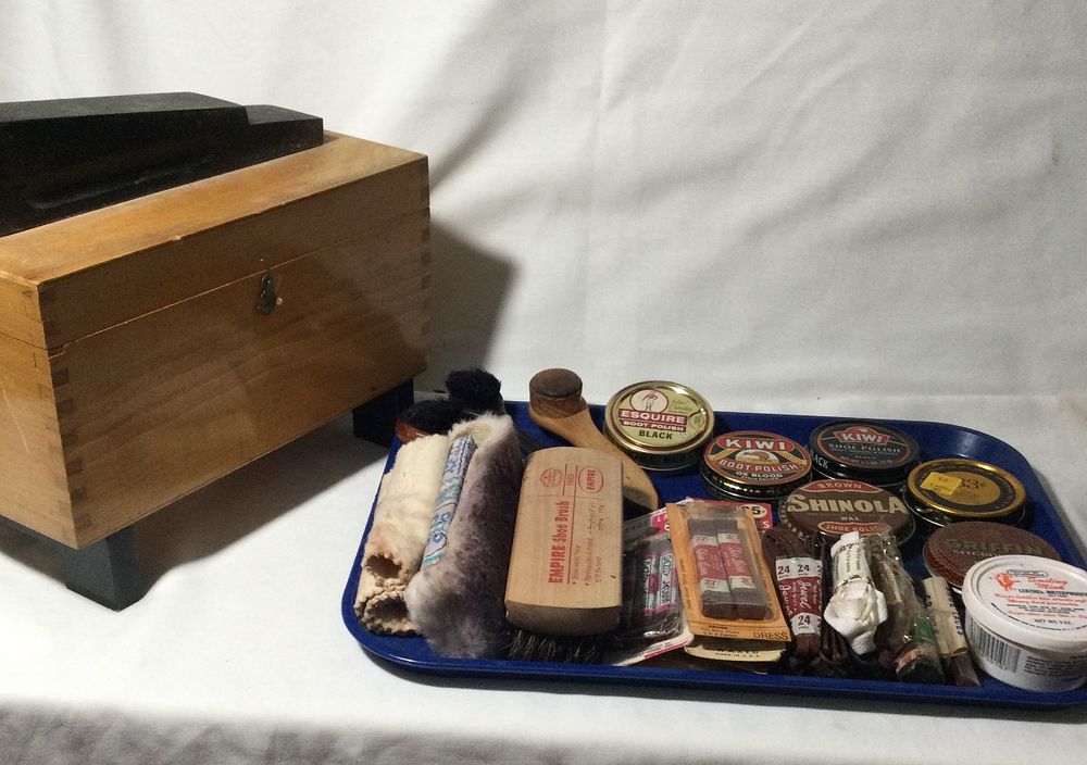Lot 226: Early Shoe Shine Box w/ Supplies