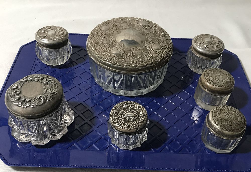 Lot 248: Vanity Glass Cosmetic Jars w/ Decorative Lids