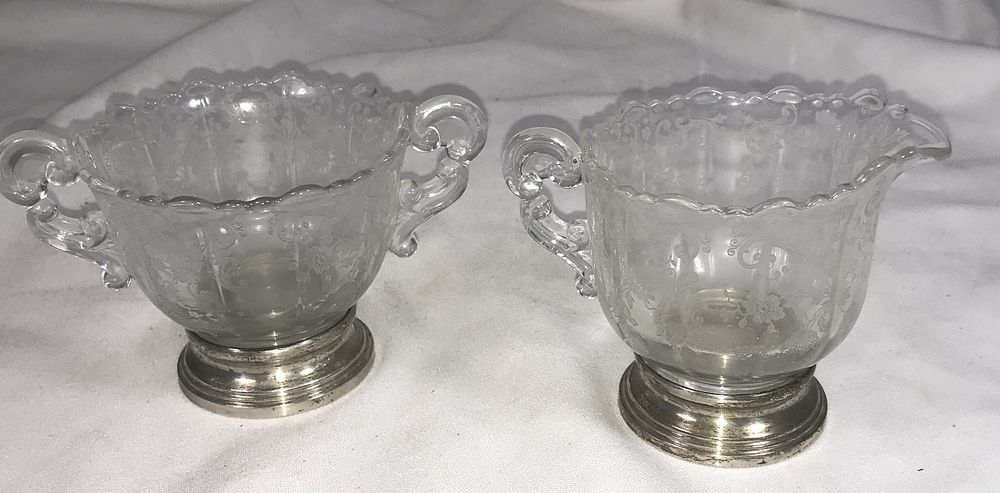 Lot 536: Sterling Base Cream & Sugar Etched Glass Pair