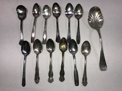 Silverplate Flatware Collection . 12 spoons and 1 serving spoon, Mostly Roger brothers