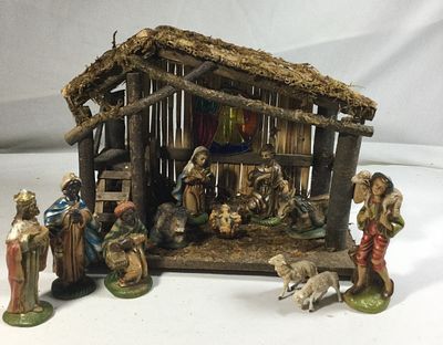 Nativity Set w/ Manger & Figures, Made in Italy . Manger measures 10 inches high by 14 inches 