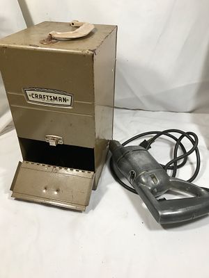 Vintage Craftsman Electric Drill in org case. Mid Century, in gold/brown metal box, appears to 