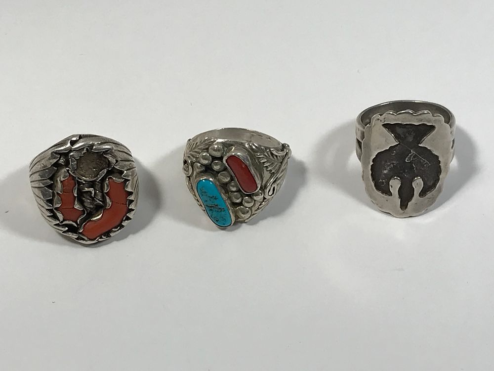 Lot 175: Sterling Rings (3) Coral, Turquoise & Southwestern