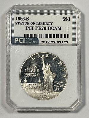 1986-S Statue of Liberty PCI MS70. PCI coin grading