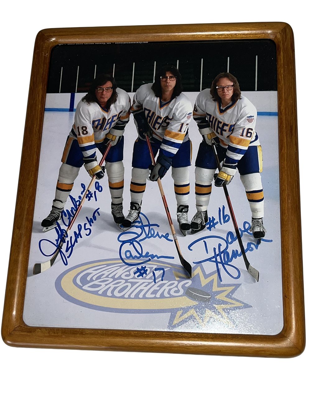 Lot 223: Hanson Brothers Slap Shot Triple-Signed Framed 8x10 Photograph, 2003