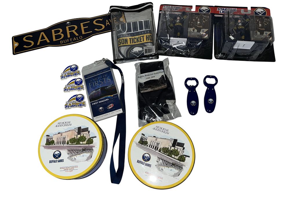 Lot 225: Buffalo Sabres NHL Fan Memorabilia Collection including Jack Eichel Figures and Memorial Auditorium Commemoratives