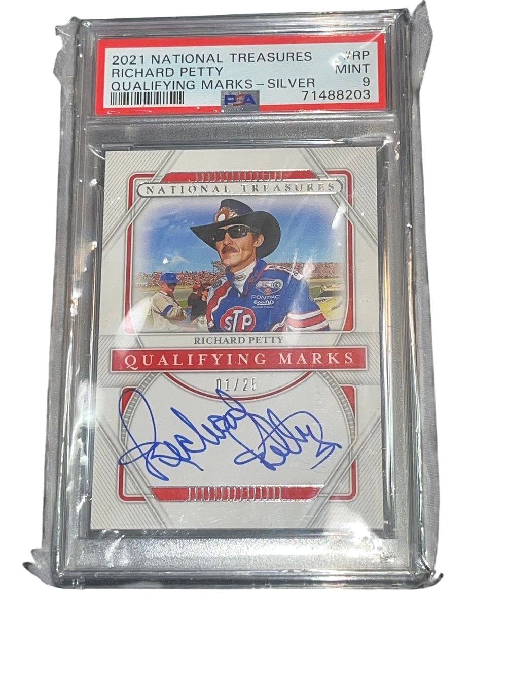 Lot 305f: 2021 Panini National Treasures Richard Petty Qualifying Marks Silver Autograph PSA 9