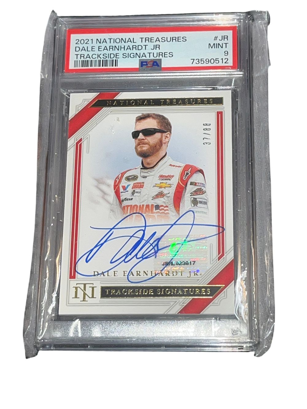 Lot 305g: 2021 Panini National Treasures Dale Earnhardt Jr. Trackside Signatures Autograph #JR, PSA 9