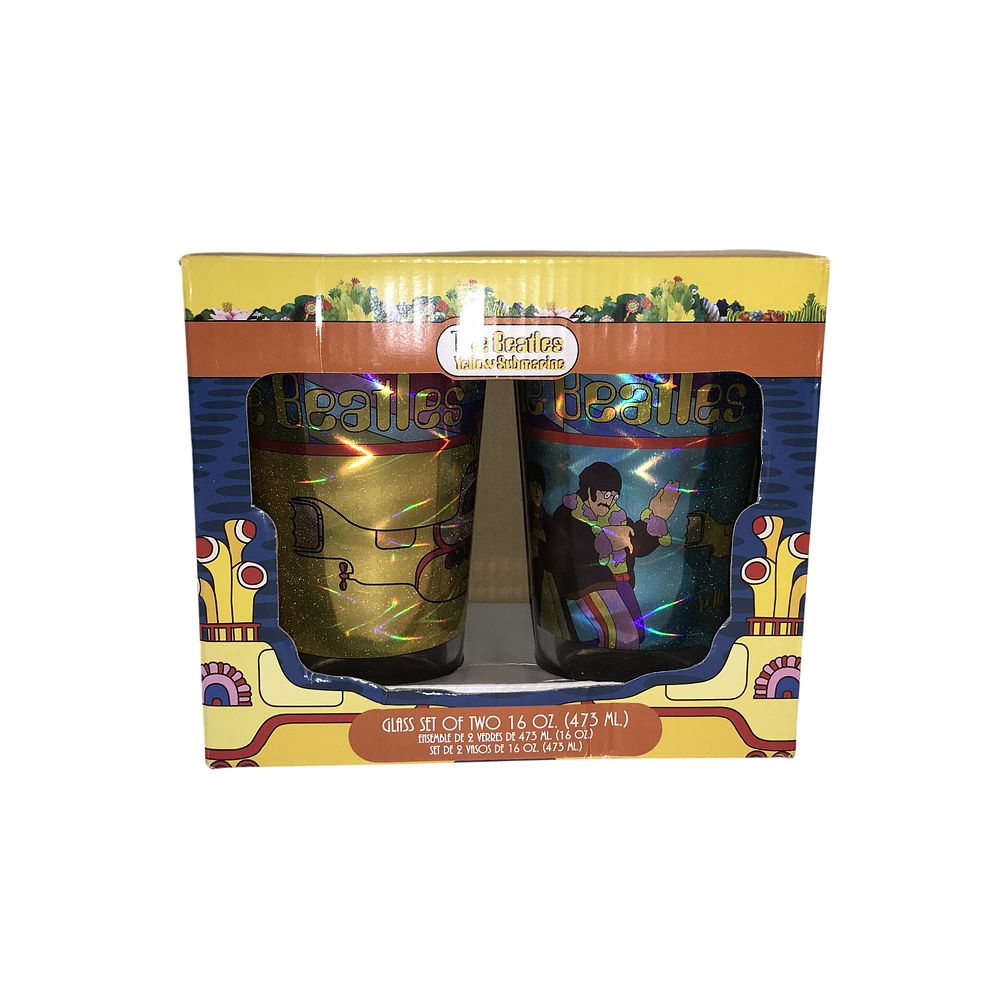 Lot 105: A Pair of The Beatles Yellow Submarine 16 oz Pint Glasses in Original Packaging